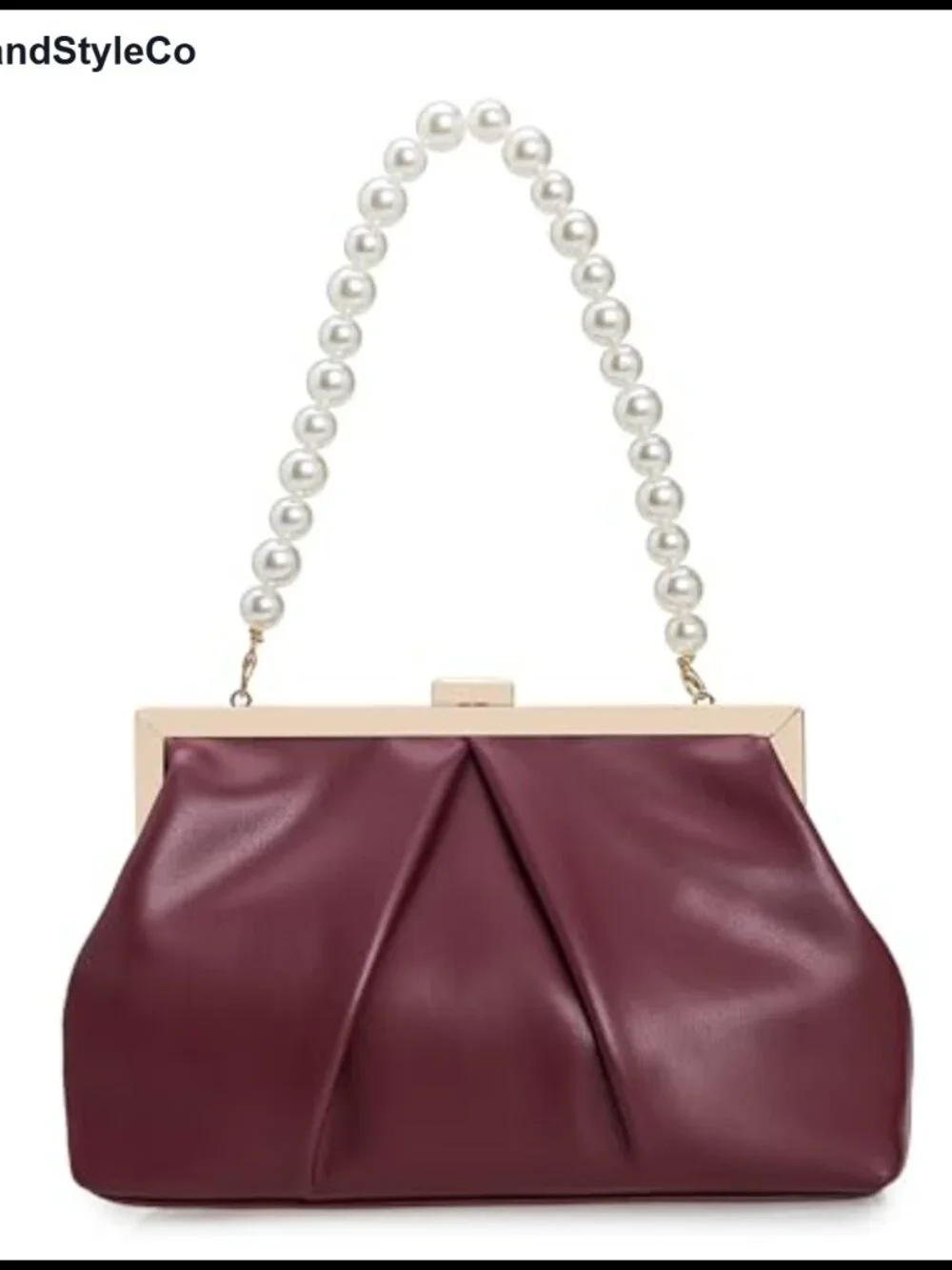 Faux Leather Clutch Purse Ruched PU Metal Frame Formal Evening Bag with Pearl